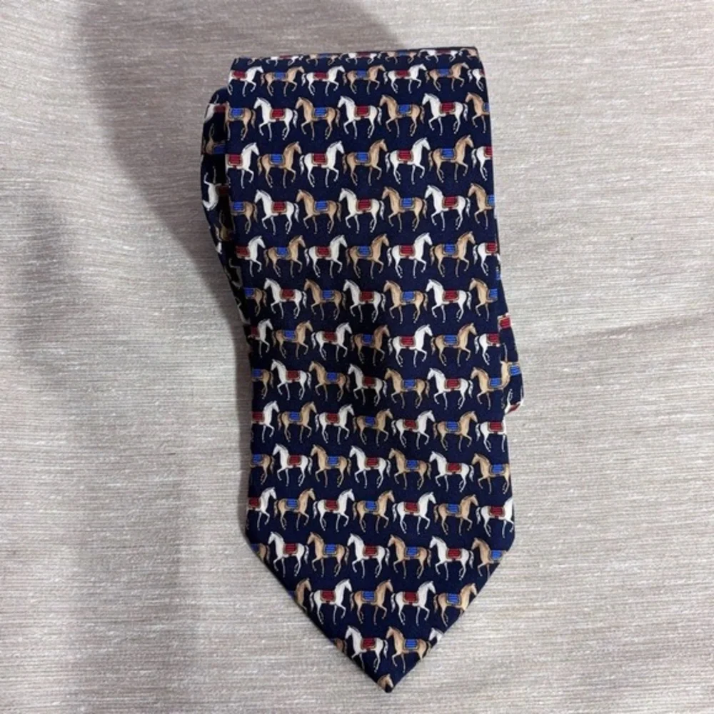 Men's Navy Horse Motif Silk Tie - Unbranded